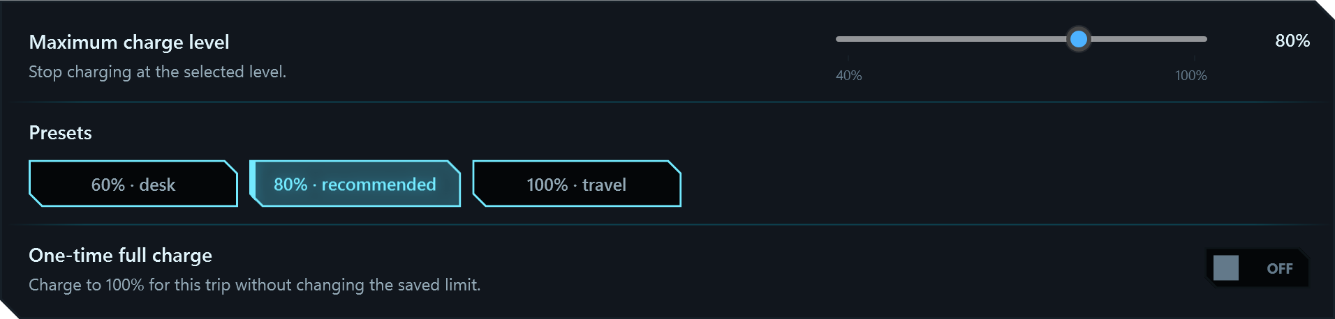 Arsenal Charge limit section with maximum charge slider and presets. Sample values are shown.