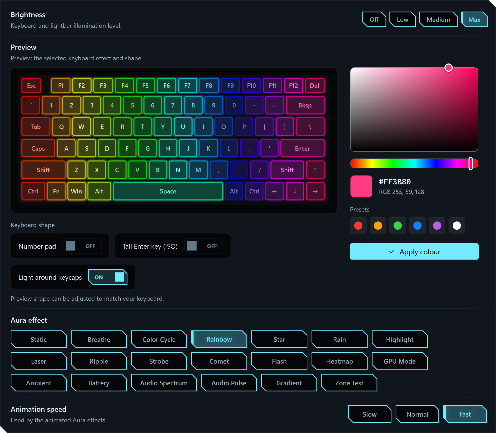 Arsenal Lighting section with brightness, keyboard preview, keyboard shape controls, colour picker, effect choices and animation speed. Example keyboard and settings are shown.